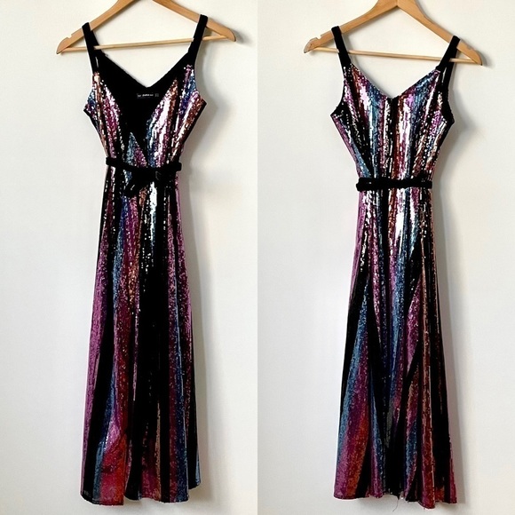 SOLD Zara Sequin Stripe Midi Wrap Dress, Sz Small - Picture 9 of 16